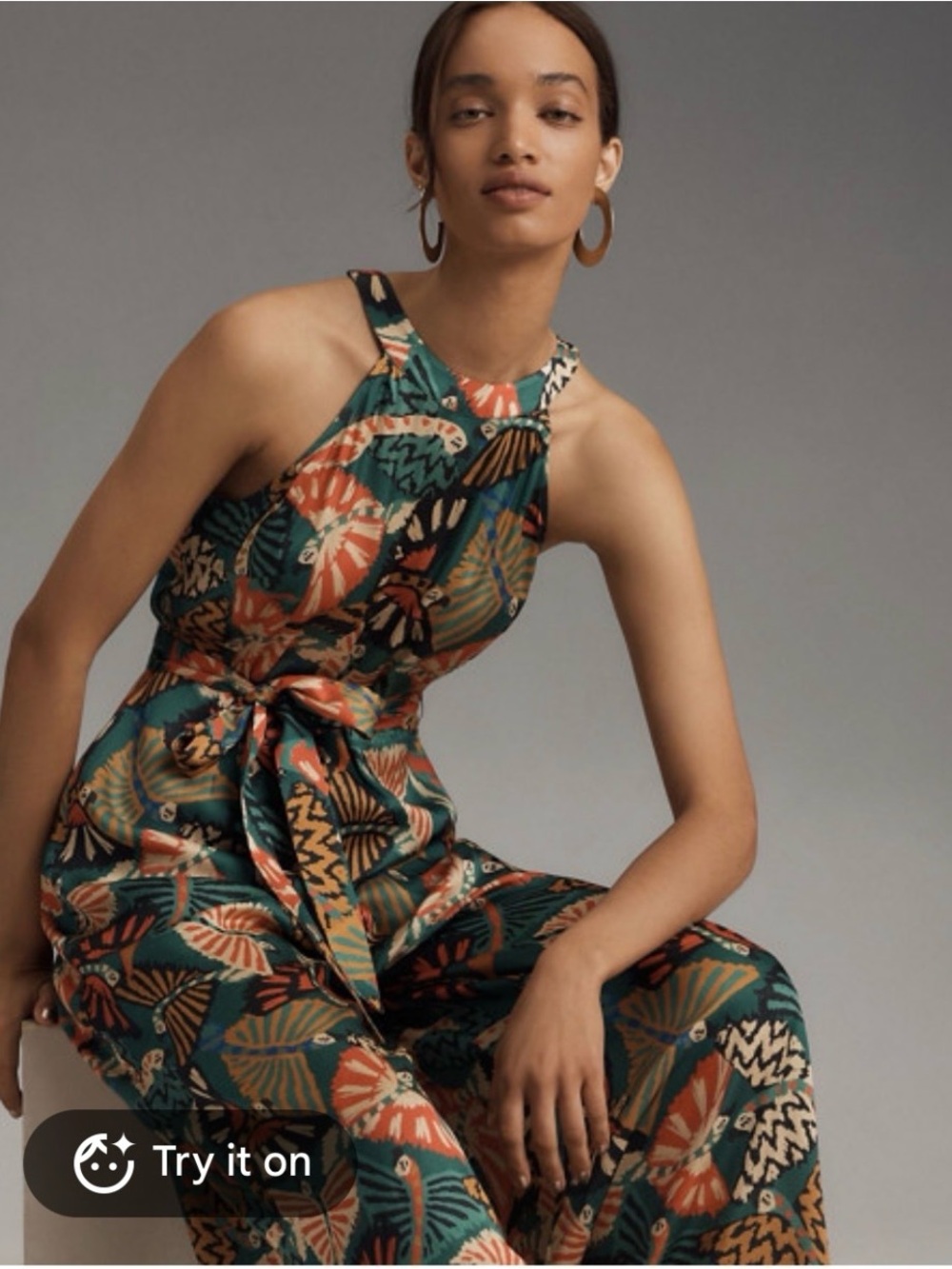 FARM Rio Teal & Coral Fan-Print Halter Wide-Leg Jumpsuit - Picture 4 of 6